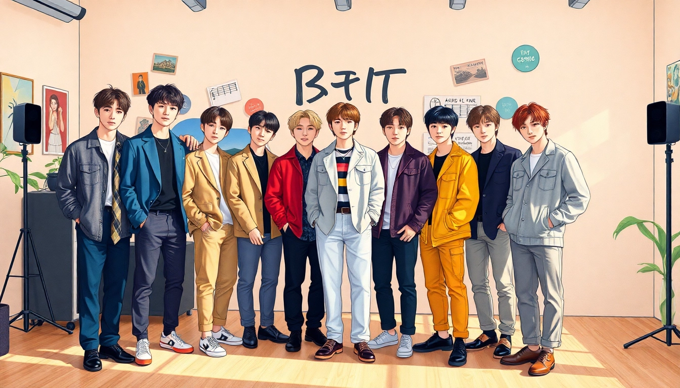 BTS members posing together in a creative setting showcasing their individual styles and personalities.