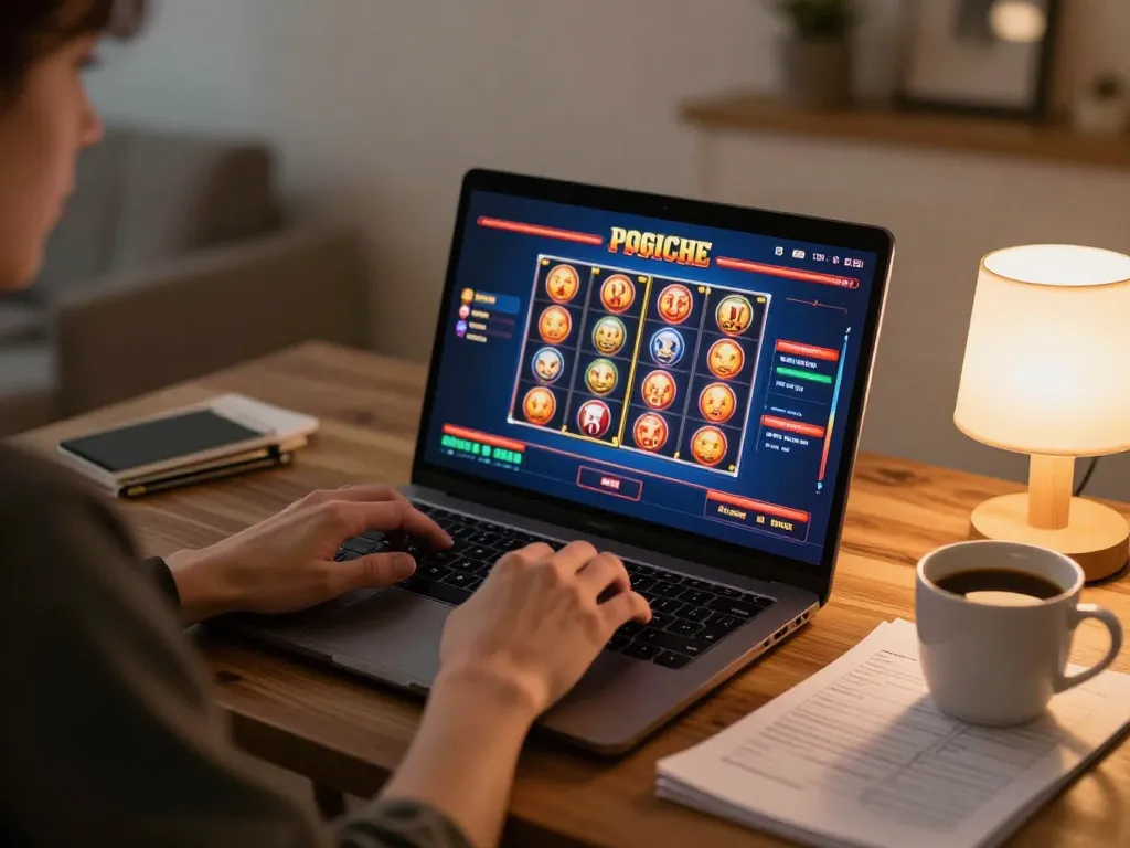 Person engaging with kkwin online casino on laptop, showcasing a strategic gaming experience at home