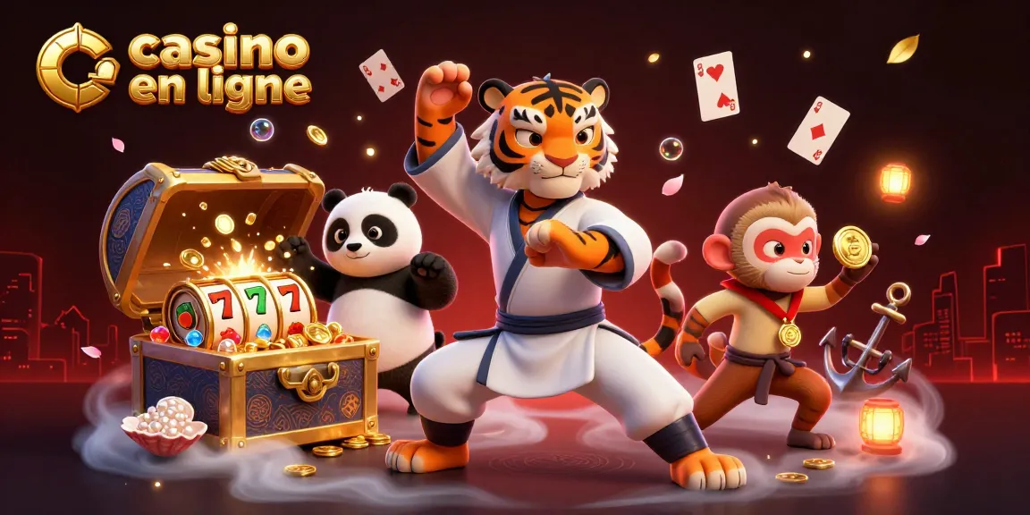 Illustration captivante de casino en ligne avec un tigre kung-fu, un panda et un singe volateur sous un trésor sous-marin.