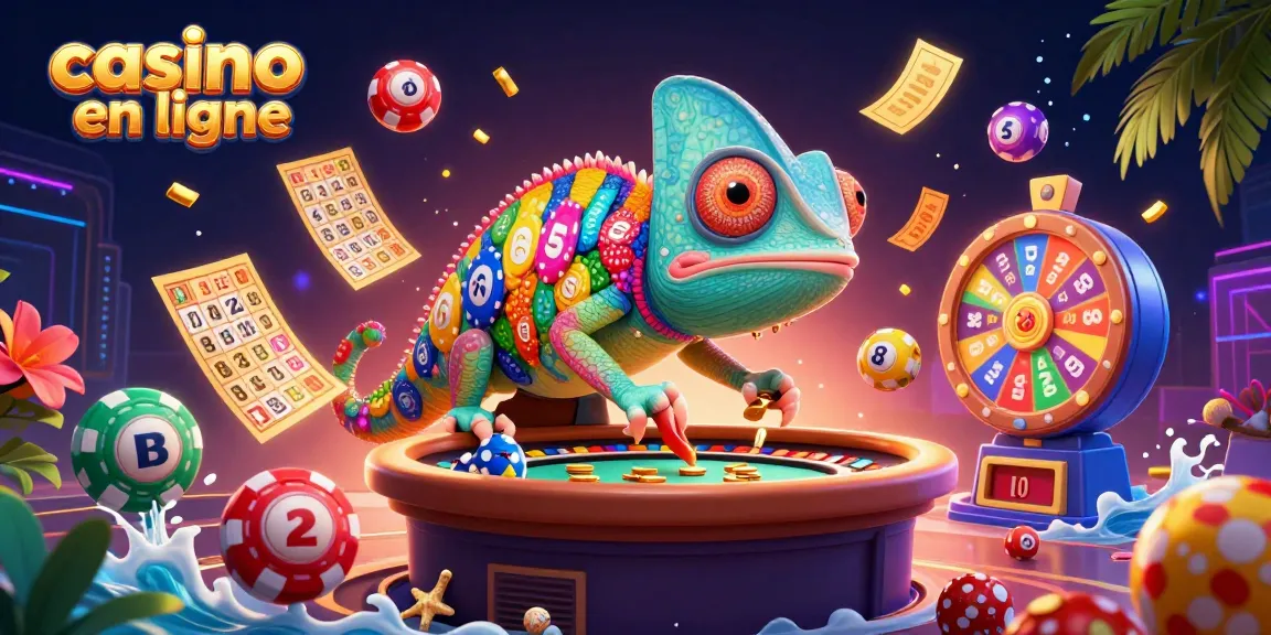 Découvrez un casino en ligne dynamique avec un caméléon extravagant attirant des pièces d'or et des balles multicolores.