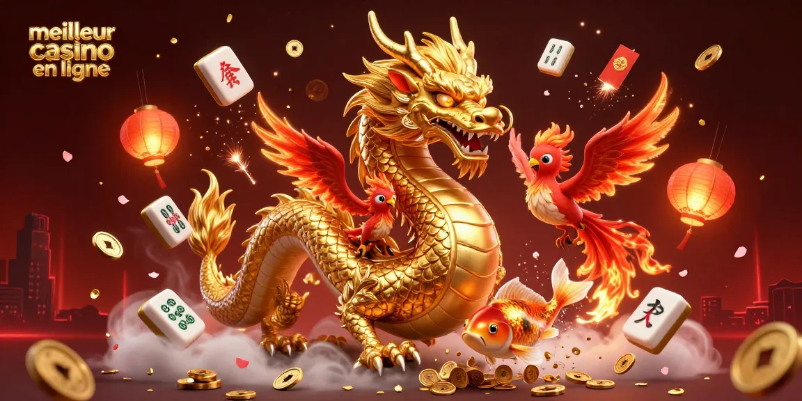 Jouez au meilleur casino en ligne avec un dragon et un phœnix dans une scène riche et festive.