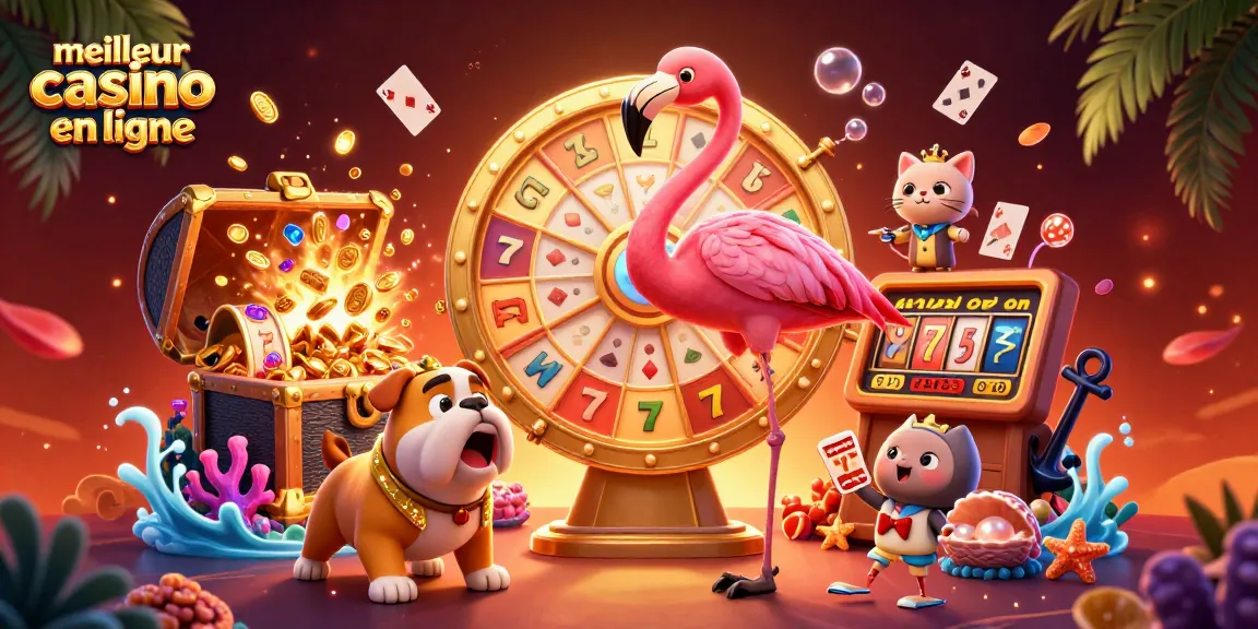 Illustration dynamique du meilleur casino en ligne avec un flamant rose hôte, un bulldog gagnant et un tableau d'affichage révélant des prix.