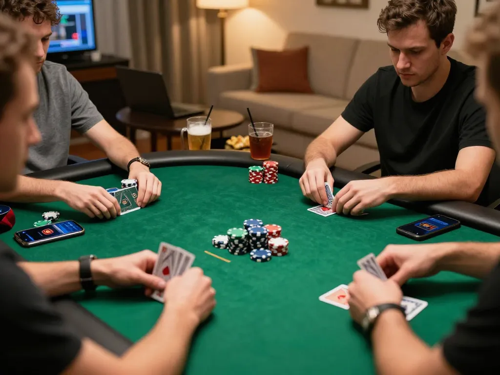 rikvip players enjoying online poker with cards and chips in a modern home setting