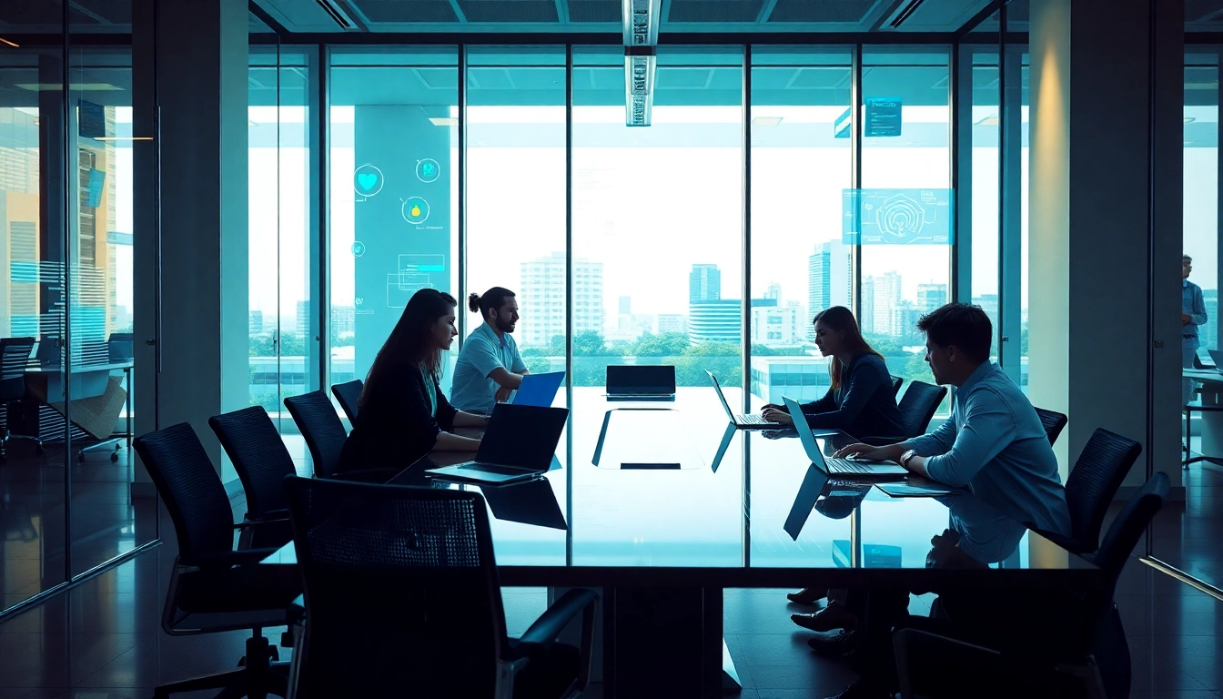 Managed IT Services Tampa professionals collaborating in a modern office setting with high-tech equipment.