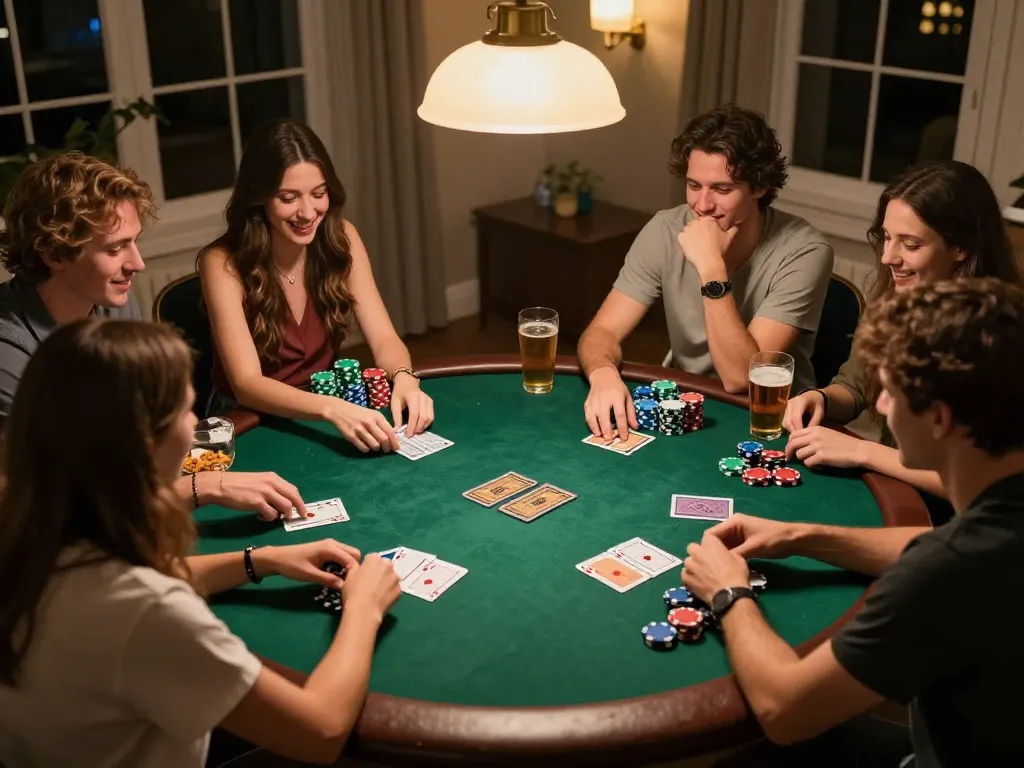 Friends enjoying an exciting home poker night featuring vt88 strategies and colorful chips.