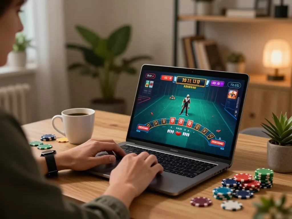 Engaging in online casinos Canada blackjack strategy at home, surrounded by gaming essentials and a warm atmosphere.