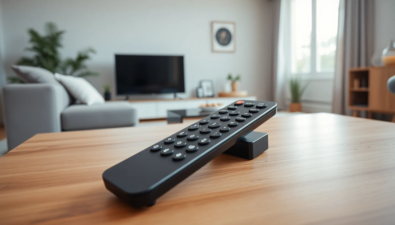 Bedienen Sie Ihre Geräte mit der eleganten Smart Fernbedienung in einem modernen Wohnzimmer.