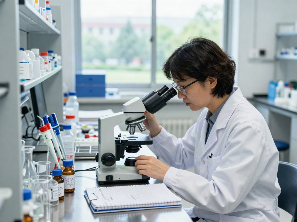 Researcher examining high-purity research peptides in a lab, focusing on purity and quality.