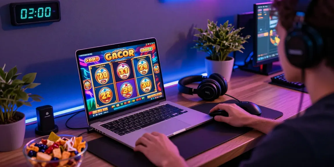 Player immersed in slot gacor games on a laptop, showcasing excitement and vibrant graphics.