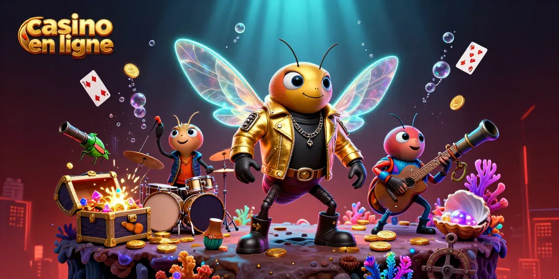 Découvrez un casino en ligne vibrant avec des personnages animés entourés de trésors et de cartes de jeu.