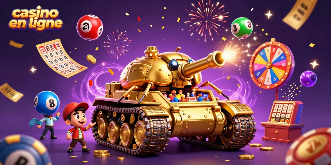 Casino en ligne animé avec un tank en or et un mini casino à l'intérieur, plein de jeux.