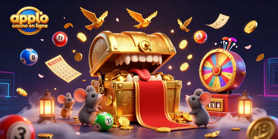 Appli casino en ligne : illustration dynamique d'un coffre au trésor attirant des souris aventurières avec des éléments de loterie.