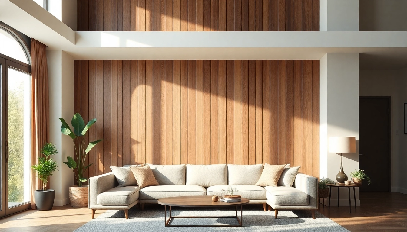 Enhance your decor with a stunning wood slat wall panel in a classy living room setting.
