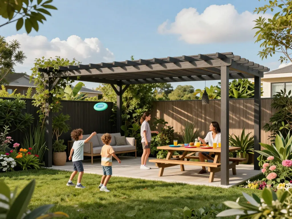 Family enjoying time under a pergola 3D planner design in a vibrant garden, featuring picnic and play elements.