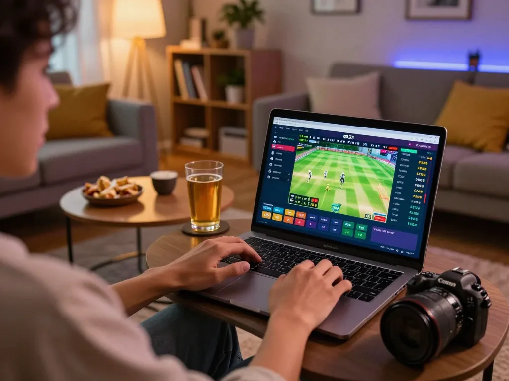 Engaged player using BK33 for online cricket betting in a cozy home setup.