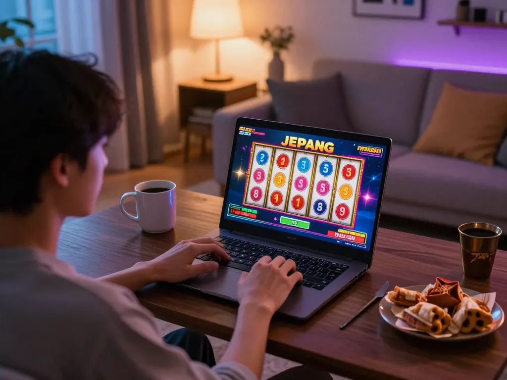 Engaging gameplay experience with jepang slot on laptop in a cozy home setting.