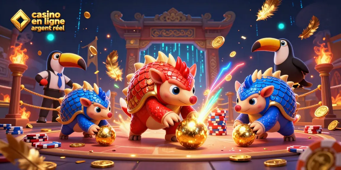 Affrontez le monde du casino en ligne argent réel avec des pangolins en compétition, poker et jetons éparpillés.