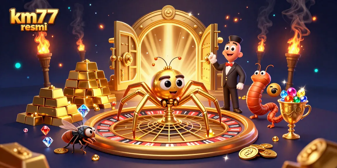 Engage with exciting bets at km777 resmi, where a cartoon fly nervously places wagers in a vibrant casino scene.