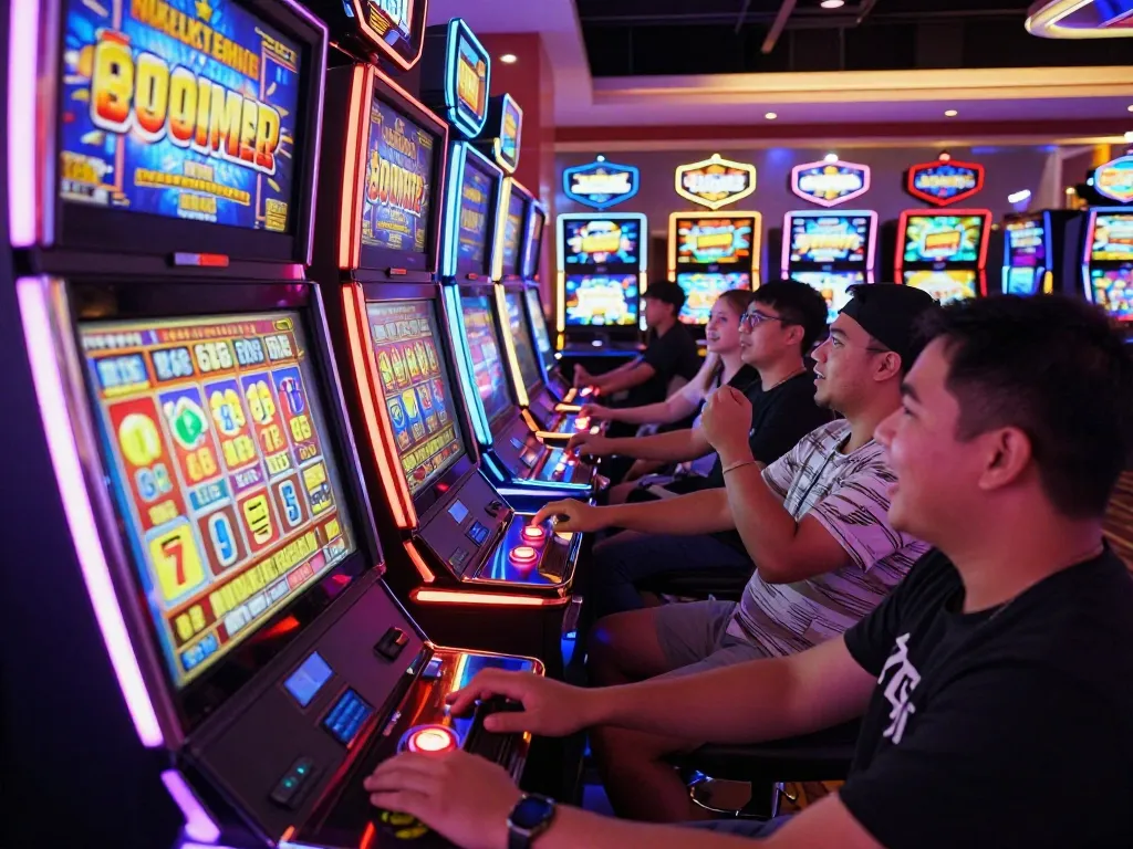 Players enjoying vibrant slot gacor machines at a lively casino, experiencing the excitement of wins.