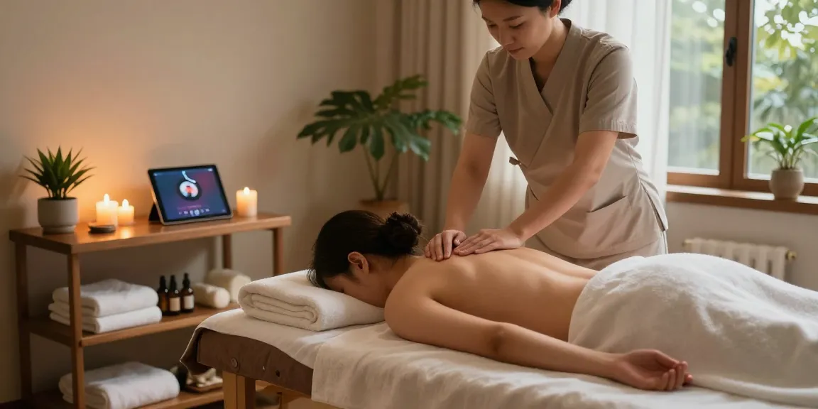 마사지 테라피룸에서의 편안한 마사지 순간, 아로마 오일과 촉촉한 수건이 준비된 마사지 테이블과 함께.