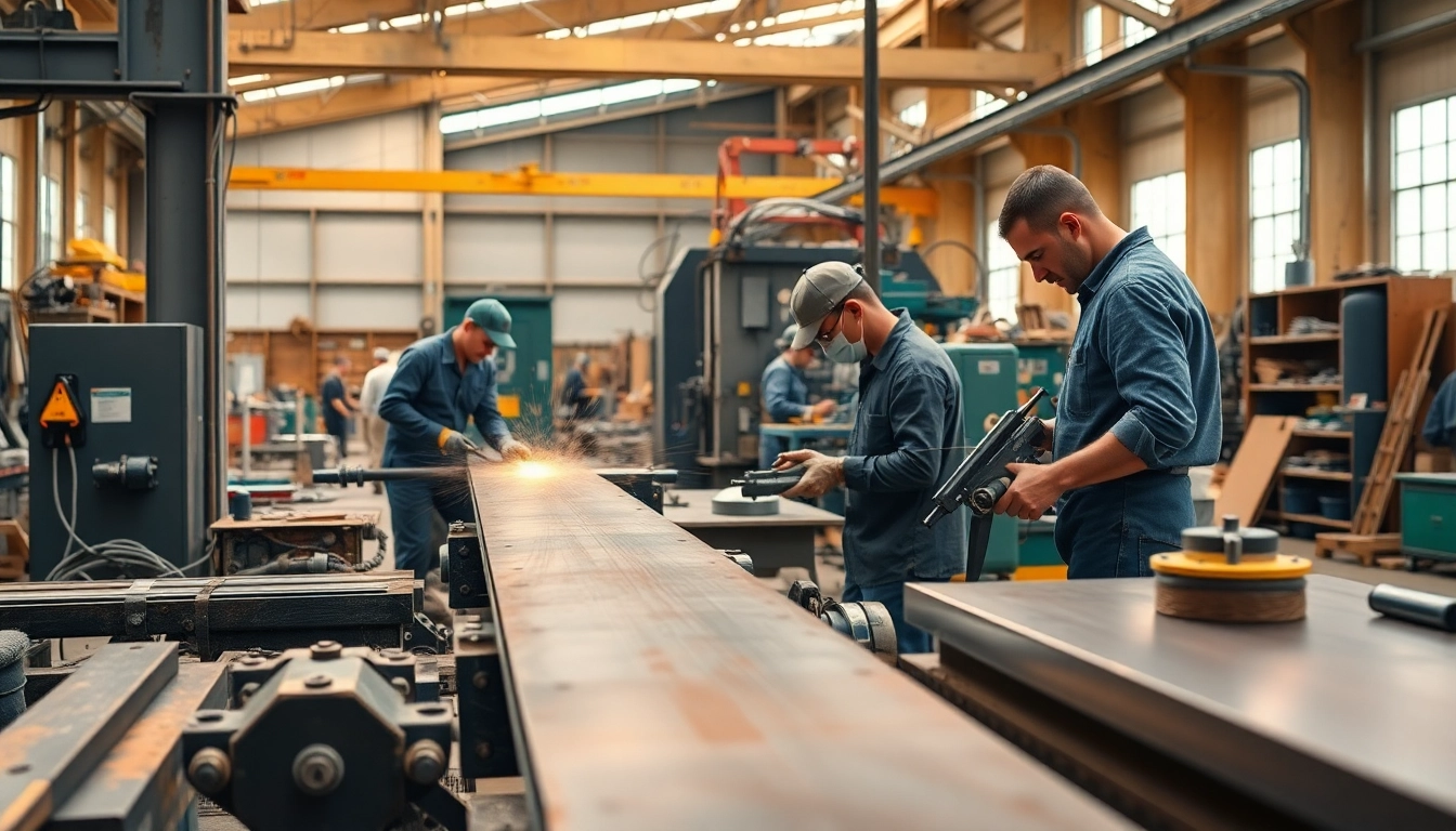 Workers showcasing precision at a steel fabrication shop, highlighting skilled craftsmanship and industrial tools.