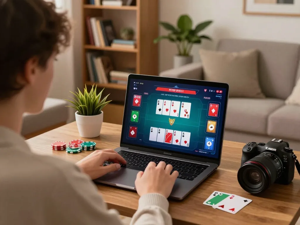 Engaging online poker gameplay at home with xx88 on laptop showing vibrant cards and betting options
