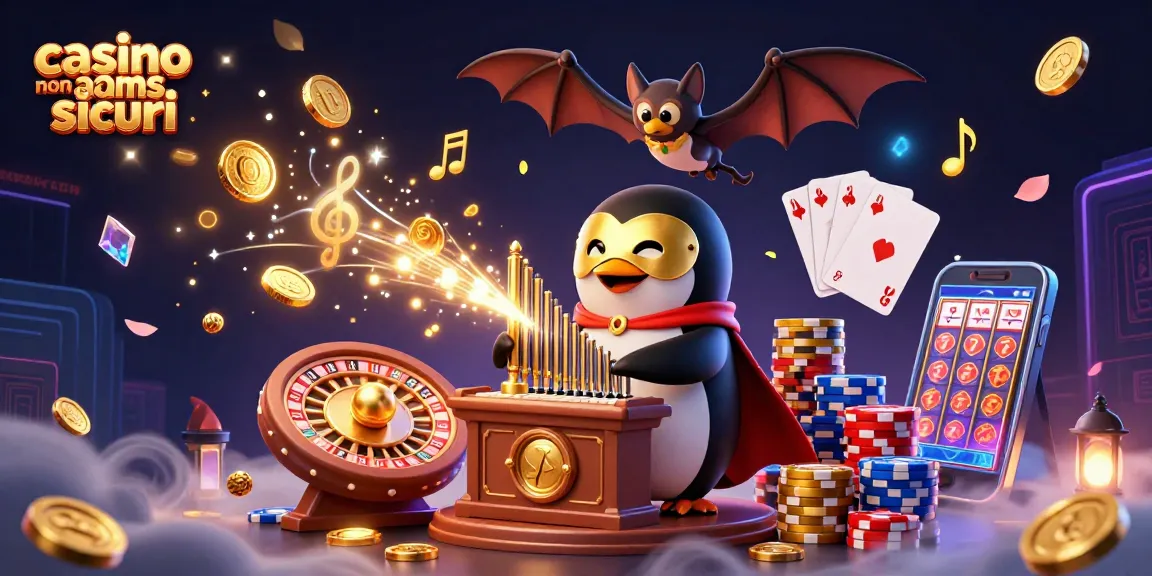 Gioca nei migliori casino non AAMS sicuri con un'illustrazione vivace di un pinguino fantasma che suona un organo d'oro.
