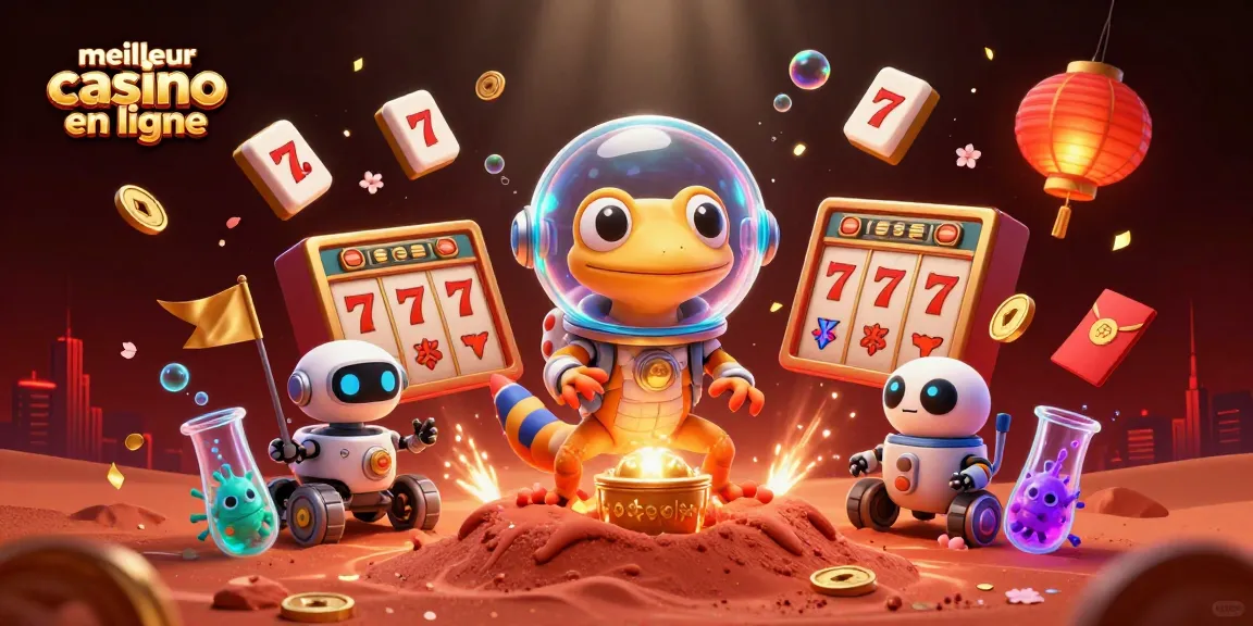 Découvrez le meilleur casino en ligne avec l'illustration 3D d'un gecko martien explorant un casino caché sur Mars.