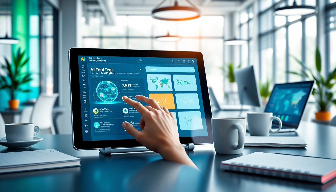 Engaging scene of an AI tool marketplace showcasing user interaction and vibrant workspace.