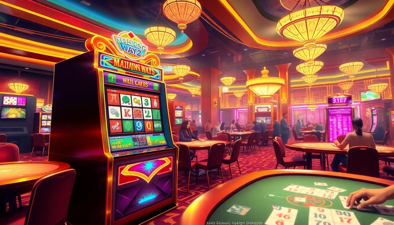 Experience the excitement of Mahjong Ways 2 at a bustling casino, featuring slot machines and vibrant game tables.