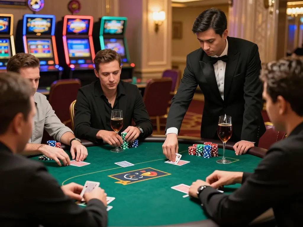Bintangmpo poker yang mendebarkan dengan dealer profesional membagikan kartu kepada pemain yang terlibat di meja kasino mewah.
