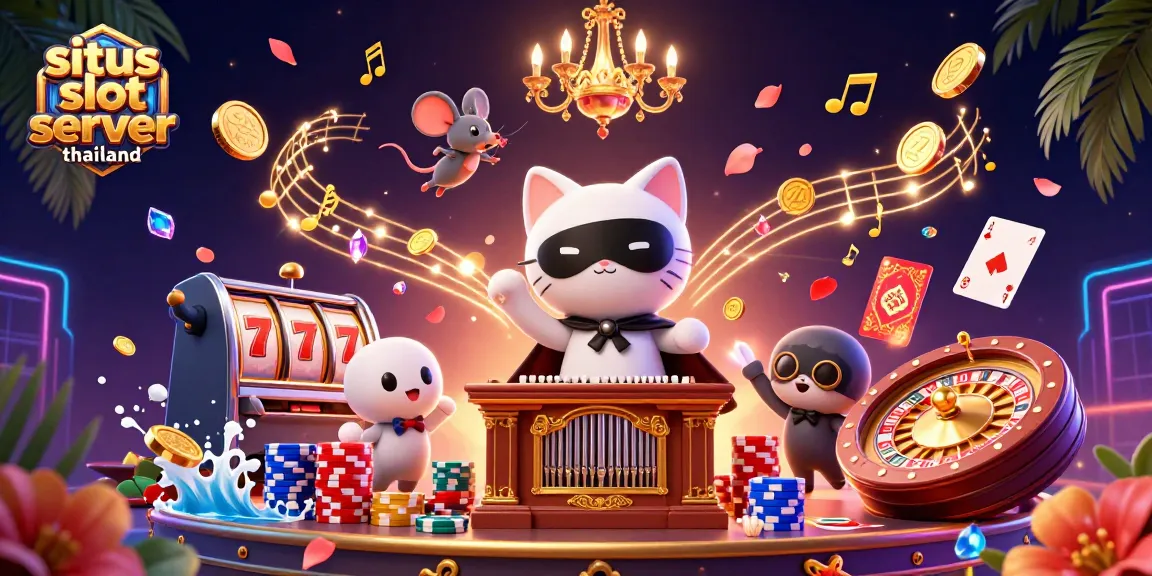 Experience excitement at situs slot server thailand with slot reels, golden coins, and vibrant gambling elements.