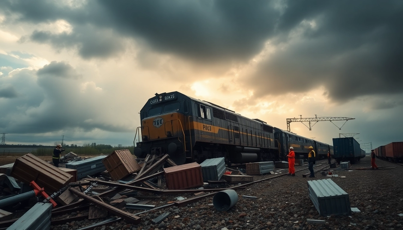 Train derailment scene with emergency responders engaged in rescue efforts, highlighting the risks associated with derailment.