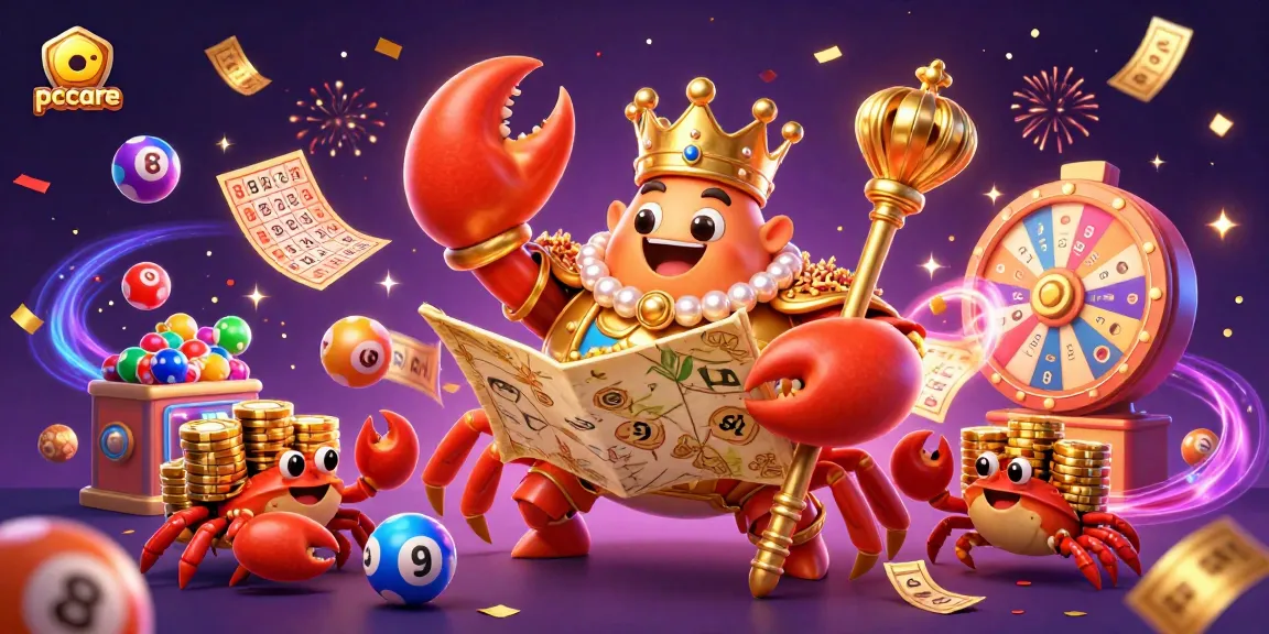 Engage with pccare's exciting lottery scene showcasing a golden crab emperor amidst bouncing numbered balls and vibrant confetti.