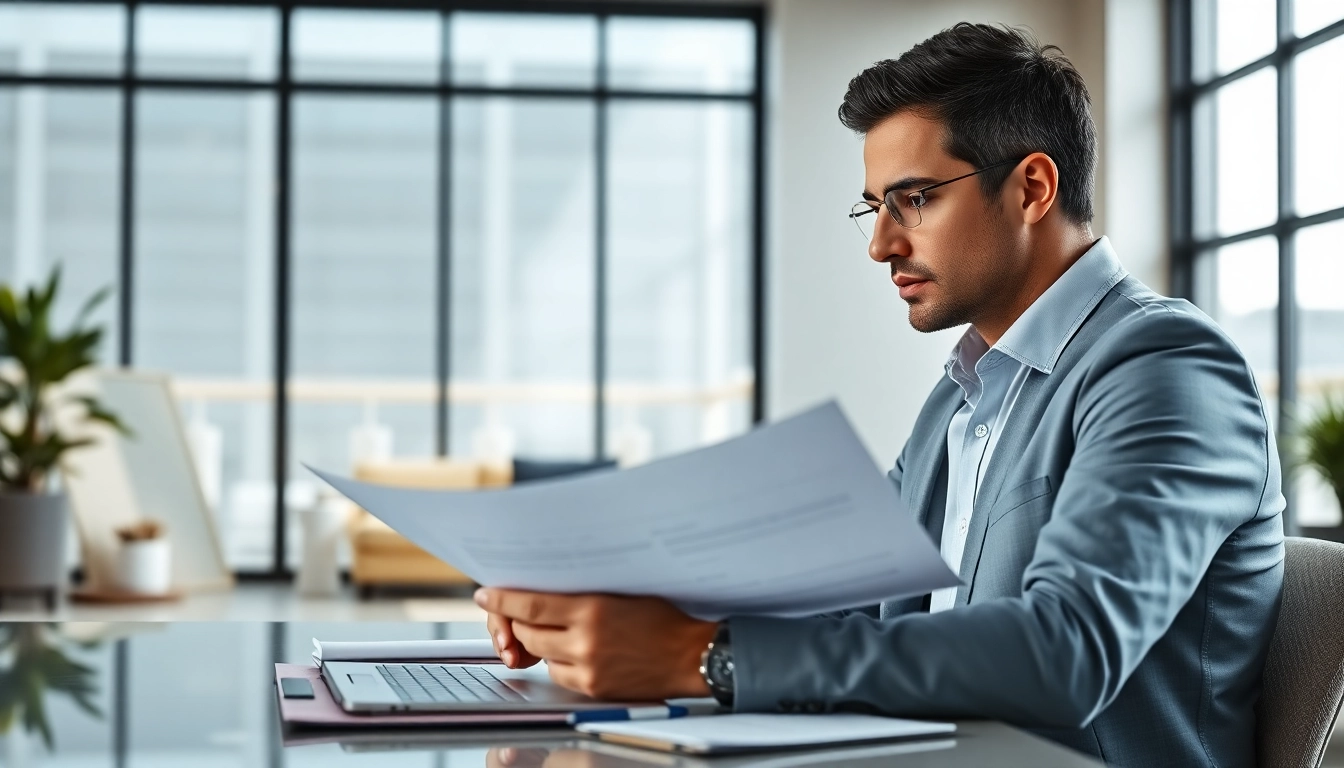 Consultant analyzing Federal and State contracts at a modern office desk, showcasing diligence.