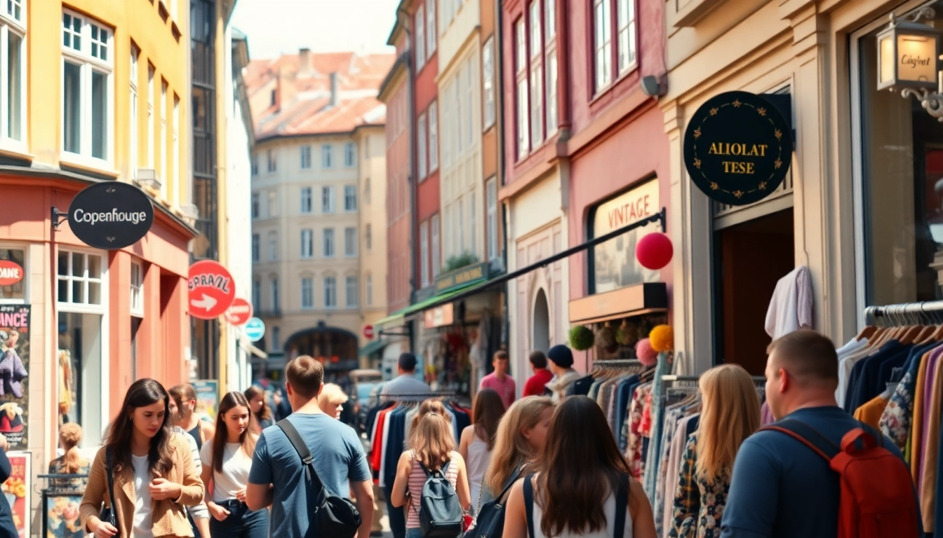 Browse the best vintage shops in Copenhagen showing a lively street scene with colorful storefronts and shoppers.