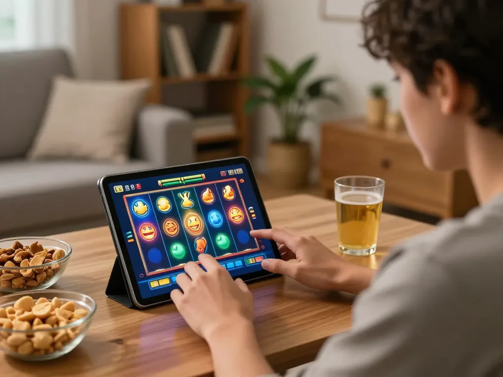 Engaging online gaming session featuring เว็บตรงสล็อต displayed on tablet with cozy home atmosphere.