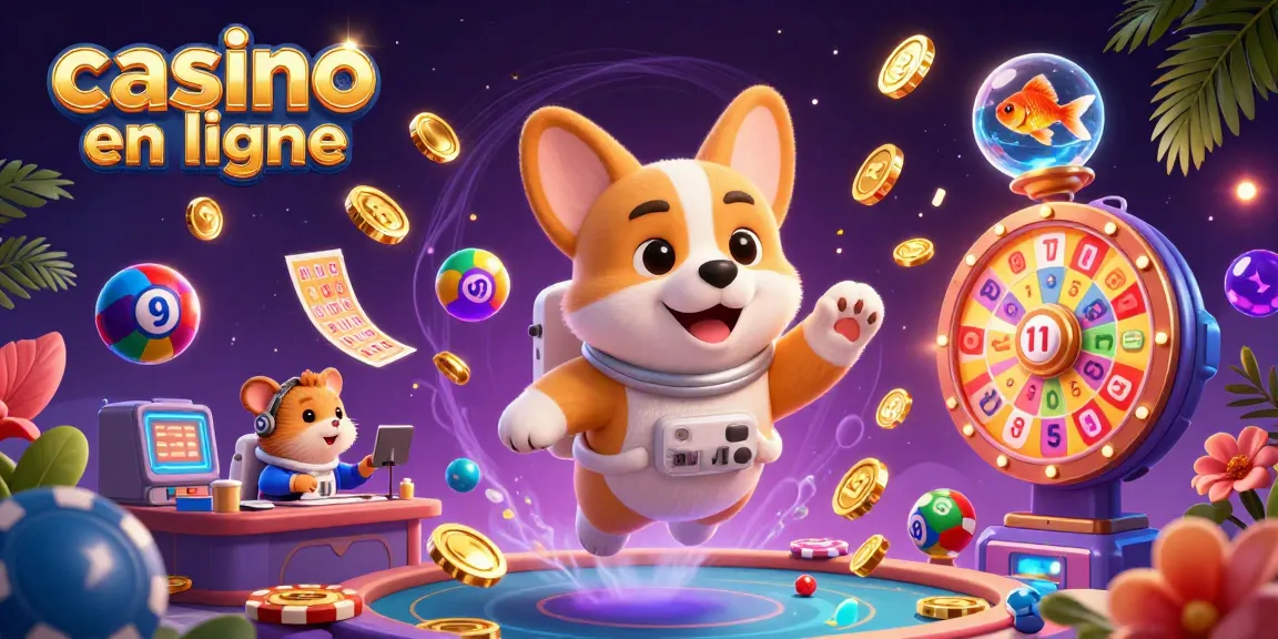 Casino en ligne : un corgi astronaute flottant dans un casino spatial parmi des pièces d'or et des jetons.