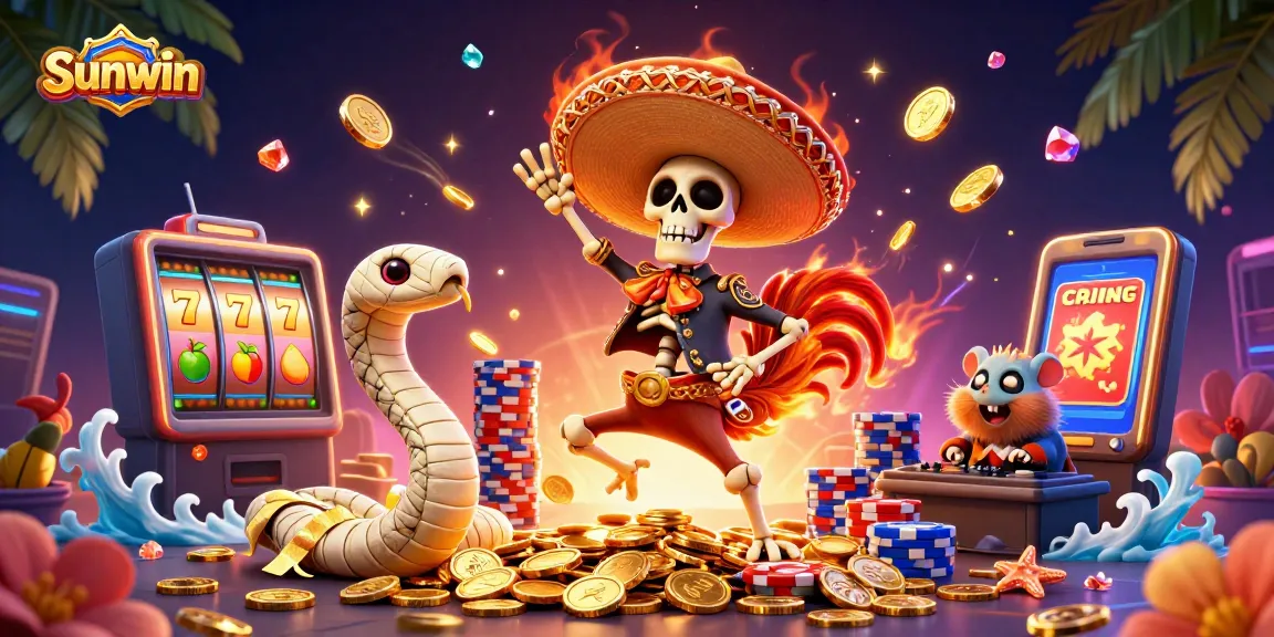 Experience the excitement of Sunwin with vibrant 3D characters celebrating casino wins amidst golden coins and slot machines.
