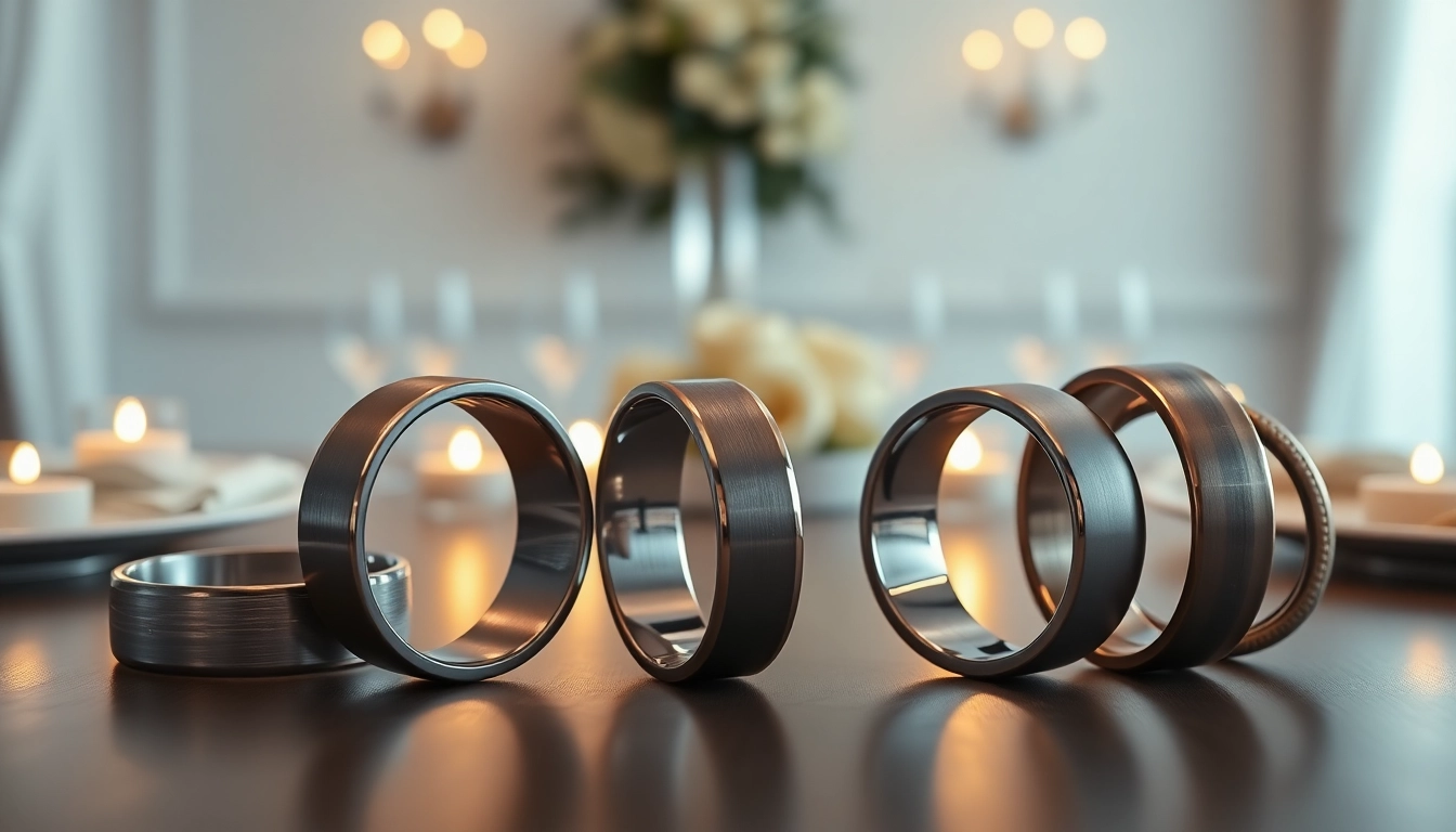 Explore tungsten wedding bands featuring unique finishes in a sophisticated display.