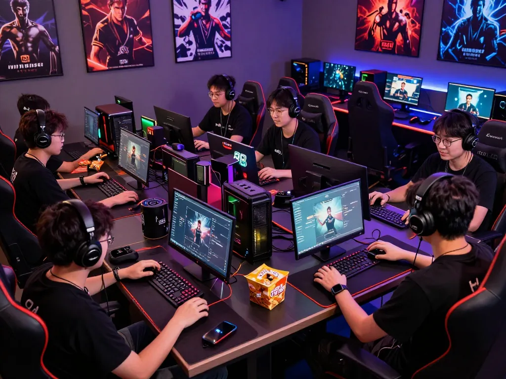 Gaming setup with players engaging in mantra88 competitions, showcasing mobile devices and dynamic LED lights.