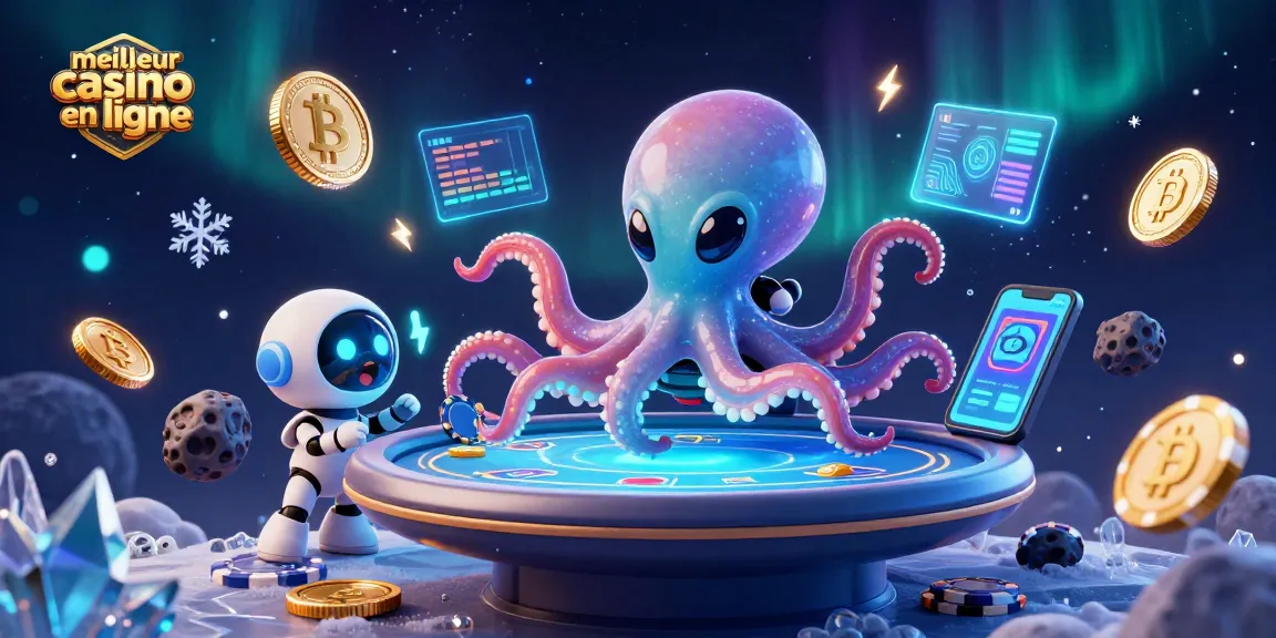 Jouer au meilleur casino en ligne avec une illustration d'un octopus alien et des éléments de crypto-monnaie.
