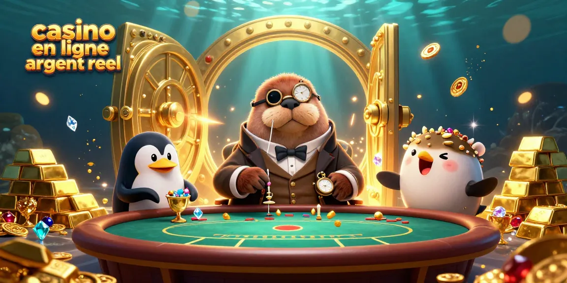 Jouez au casino en ligne argent réel avec un phoque en costume et un poisson-globe bluffeur dans une scène animée.