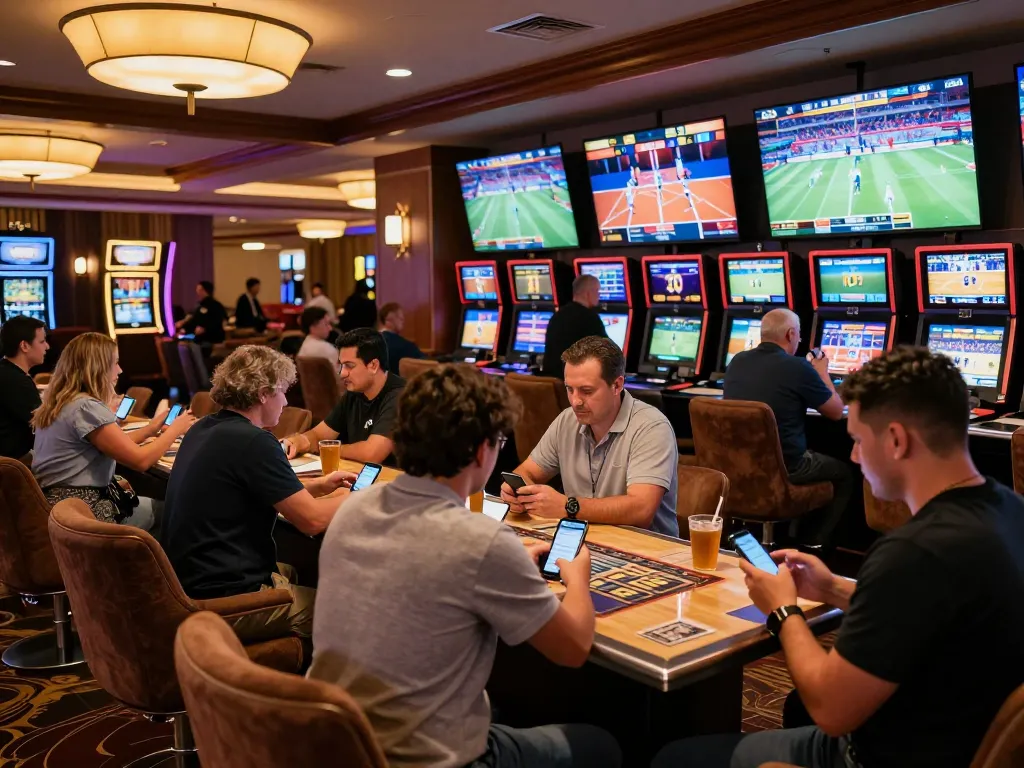 Sports bettors engaging in live betting at thabet sportsbook, showcasing excitement and teamwork.