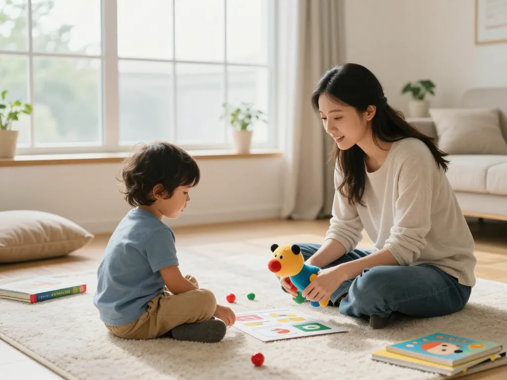 Engaging speech therapy session with a therapist and child at Advantage Therapy, fostering communication growth in a comforting environment