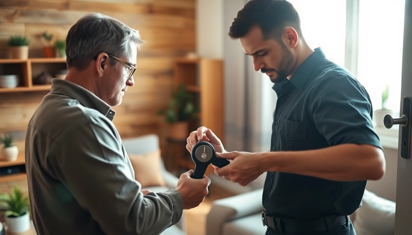 Locksmiths Durham helping a homeowner with lock installation in a warm living room.