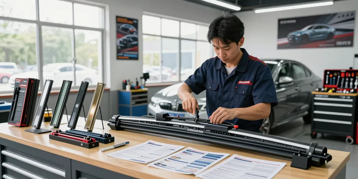 Technician installing a wiper blade on a modern sedan in a well-lit garage