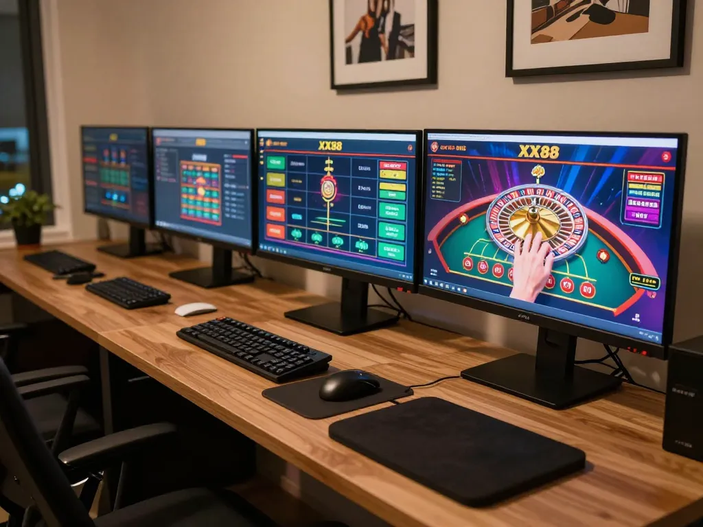 Engaging online player placing a bet in XX88 casino setup featuring multiple screens.