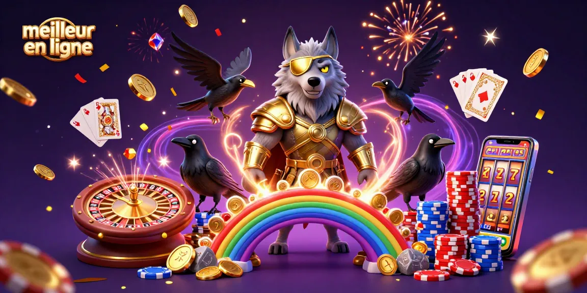 Plongez dans l'univers du meilleur casino en ligne avec Odin, accompagné de ses corbeaux, sur un pont de jetons.