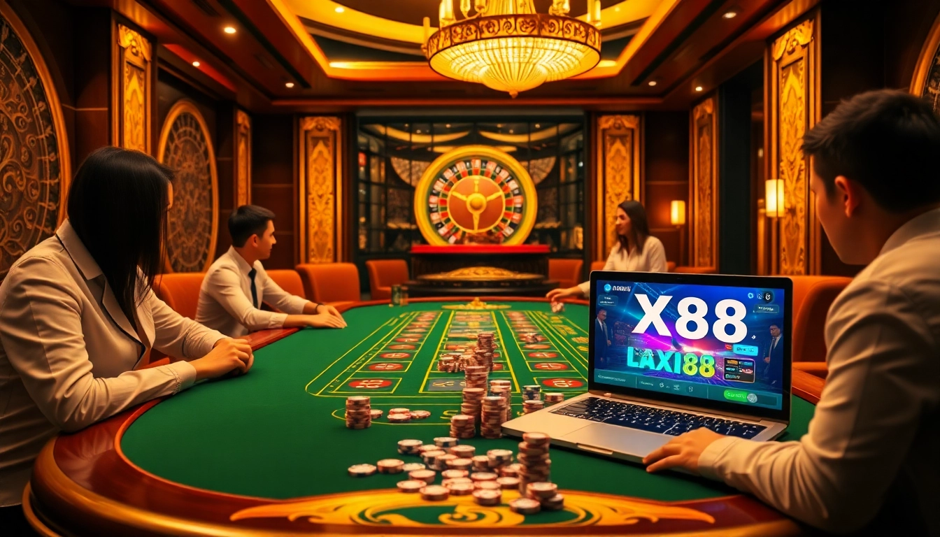 Players enjoying an exciting poker game at XX88 casino with vibrant atmosphere and professional setup.